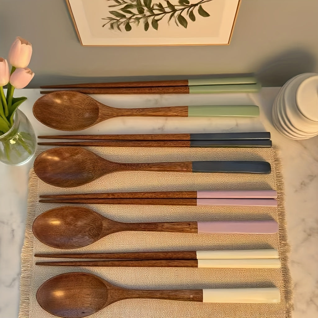 4-Piece Japanese Macaron Color Series Wooden Long Handle Colored Spoon & Chopstick Set – Handmade Reusable Cutlery Set – Essential for Christmas, Halloween, Easter Holidays – Durable Home Tableware Necessity – Perfect for Kitchen & Dining Room/