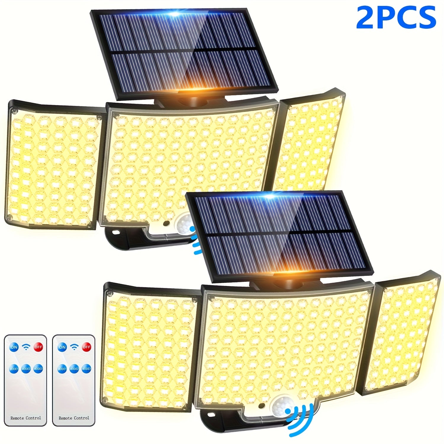 1/2 Pack Outdoor Solar Light, Motion Sensor Light, Porch and Garden Light with 212 LEDs, Exterior Wall Light with Remote Control, IP65 Waterproof Rating, 3-Head Security Floodlight, 270° Wide Angle, 3 Modes, Perfect for Courtyard, Pathway