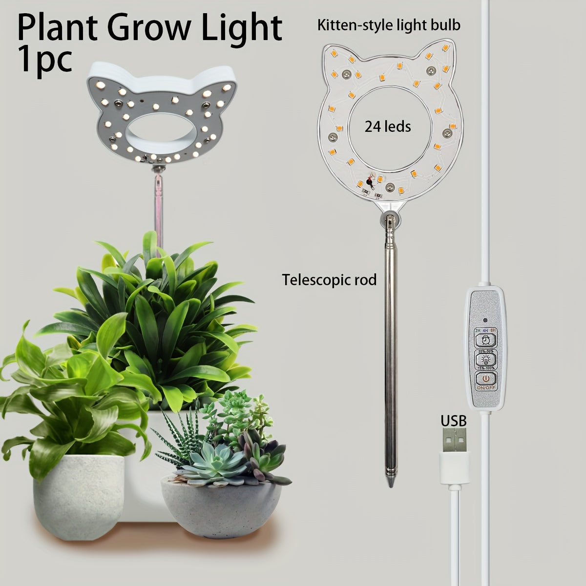 1/2 Pcs Indoor Full Spectrum Plant Grow Light, 5V USB Desktop Grow Lamp, 4 Dimming Levels, 2/4/8H Timer, Cute Mini Plant Grow Light