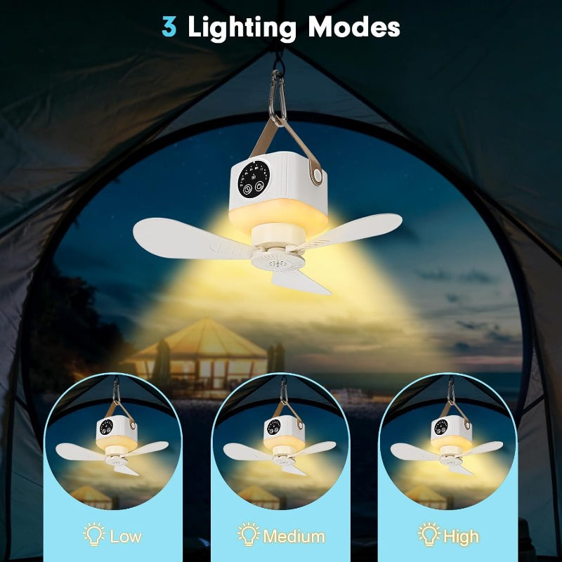 Outdoor Portable USB Rechargeable Camping Fan with LED Lantern, 3 Speed Levels, 8 Hours Timer, Remote Control, Hanging Mini Fan, Essential for Tent RV Camper Home Office Hiking Travel, Camping Gear Emergency Kit