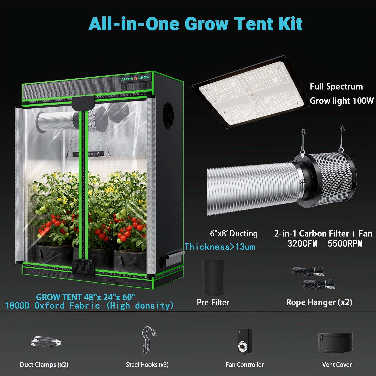 Professional 1800D 4x2 Grow Tent Kit 48"x24"x60", Complete Hydroponic System for Indoor Plants, 100W Full Spectrum LED Grow Light, 320CFM 6 Inch 2-in-1 Fan & Carbon Filter Combo 2398196504, High Reflective Mylar Lining