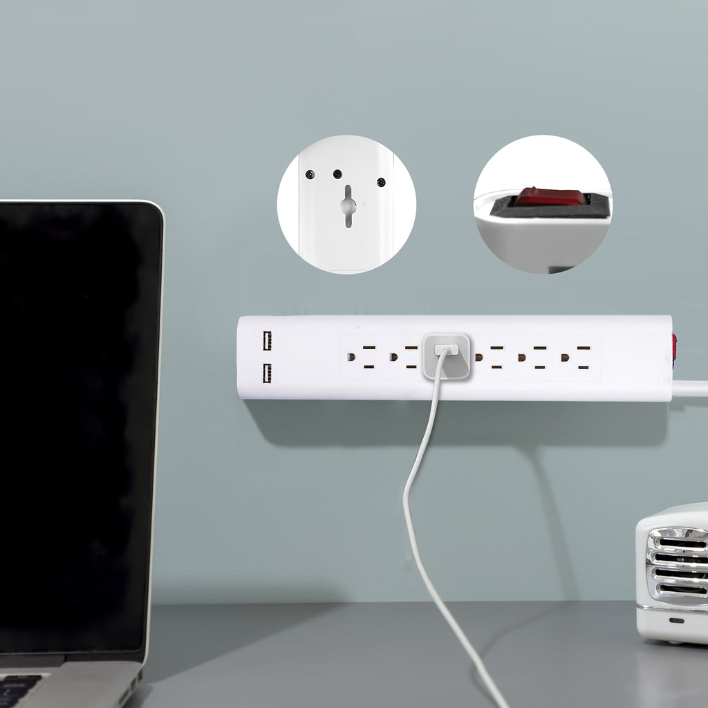 US Standard Six-Outlet Surge Protector with 3ft Cord, Two USB Charging Ports, DC 5V/2.1A Fast Charging, with Switch, 3*14AWG Heavy-Duty Wire, Two Wall-Mounting Holes on the Back, Suitable for Apartments, Homes, and Offices