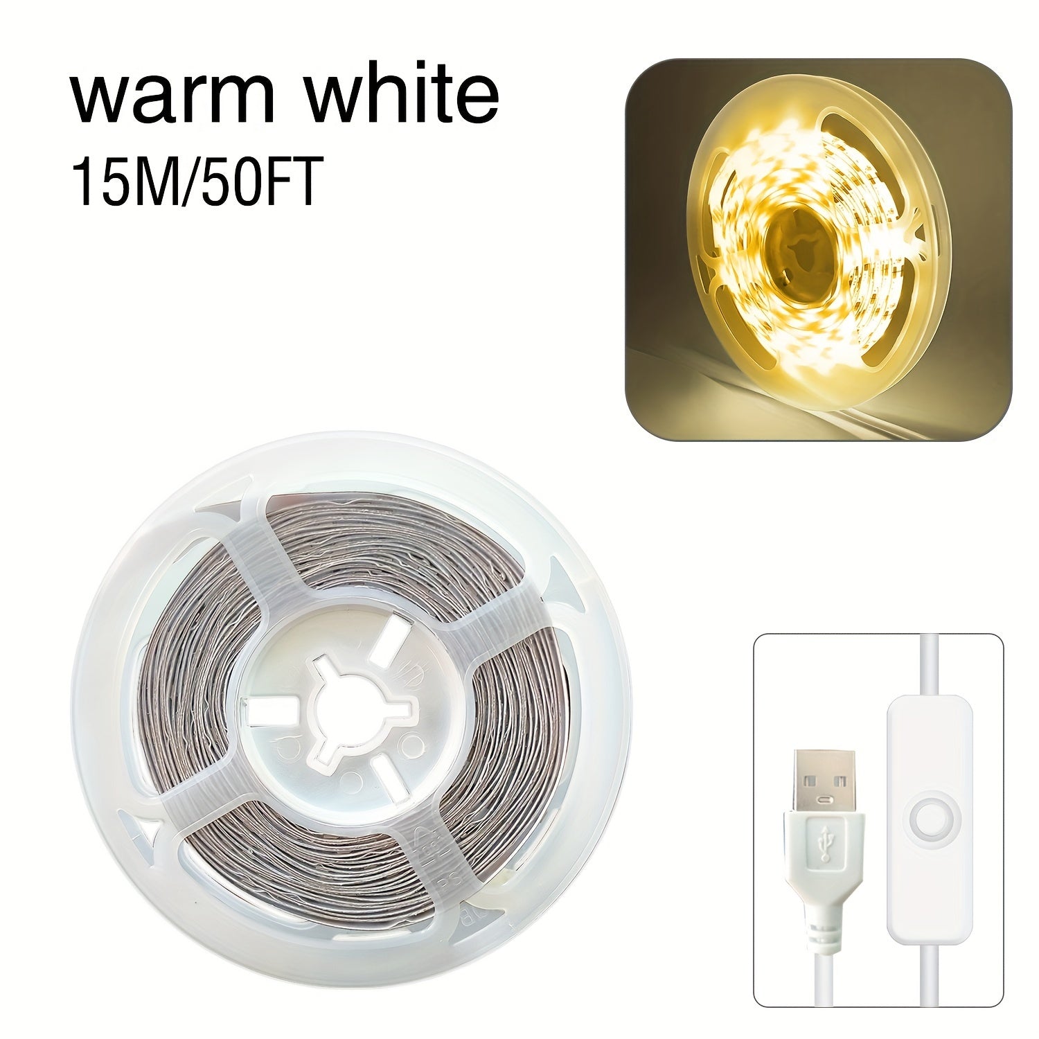 BJ-5VRGB 暖/白LED灯5V自带开关按钮， USB供电，高显色，灵活，可粘贴，可裁剪。卧室，衣柜，厨柜，家庭可DIY照明