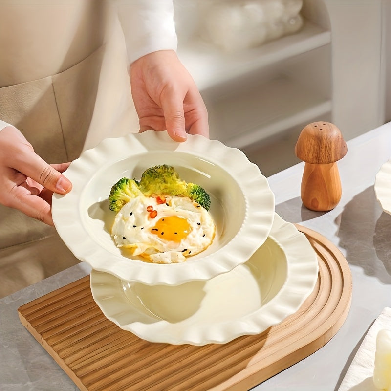 Cream-Style French Lace Western Dinner Plate, Reusable PP Plastic Home Tableware, Serving Plate, Soup Plate, Deep Plate & Bowl Set – Perfect for Cold Dishes, Deli, Desserts, Party Food, Stackable Storage