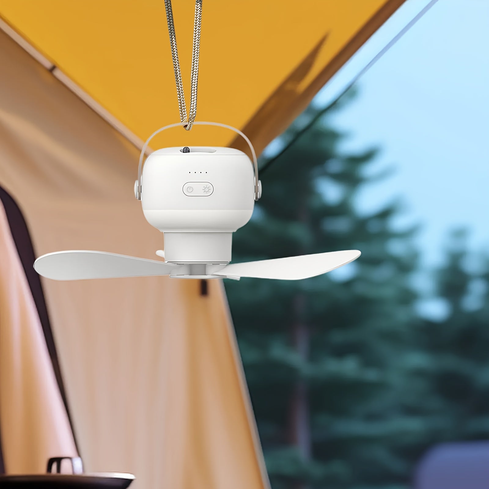 Multifunctional USB Fan Light, Dimmable Outdoor Camping Light, 3 Blades Design, 3 Speed Levels, Dual Use as Hanging & Desktop Lamp for Bedroom Living Room Kitchen Outdoor Tent