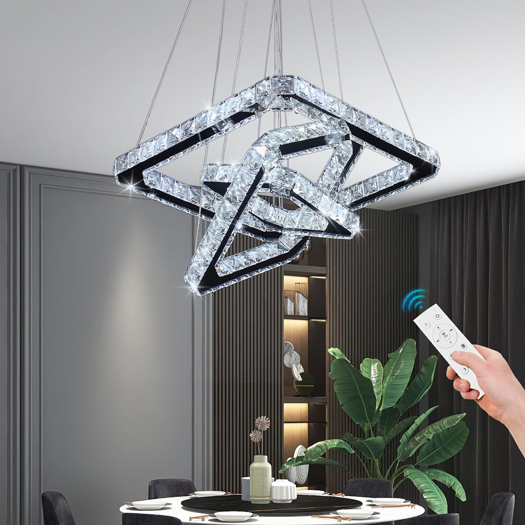 Elegant modern crystal chandelier, square design, three-ring structure, height adjustable, suitable for bedroom