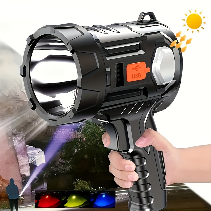 1Pc Rechargeable Spotlight Flashlight with Interchangeable Lenses, High Bright Searchlight, 6 Lighting Modes & 3 Color Filters, Handheld LED Torch with USB Cable, Perfect for Hunting, Home Lighting, Emergency Use
