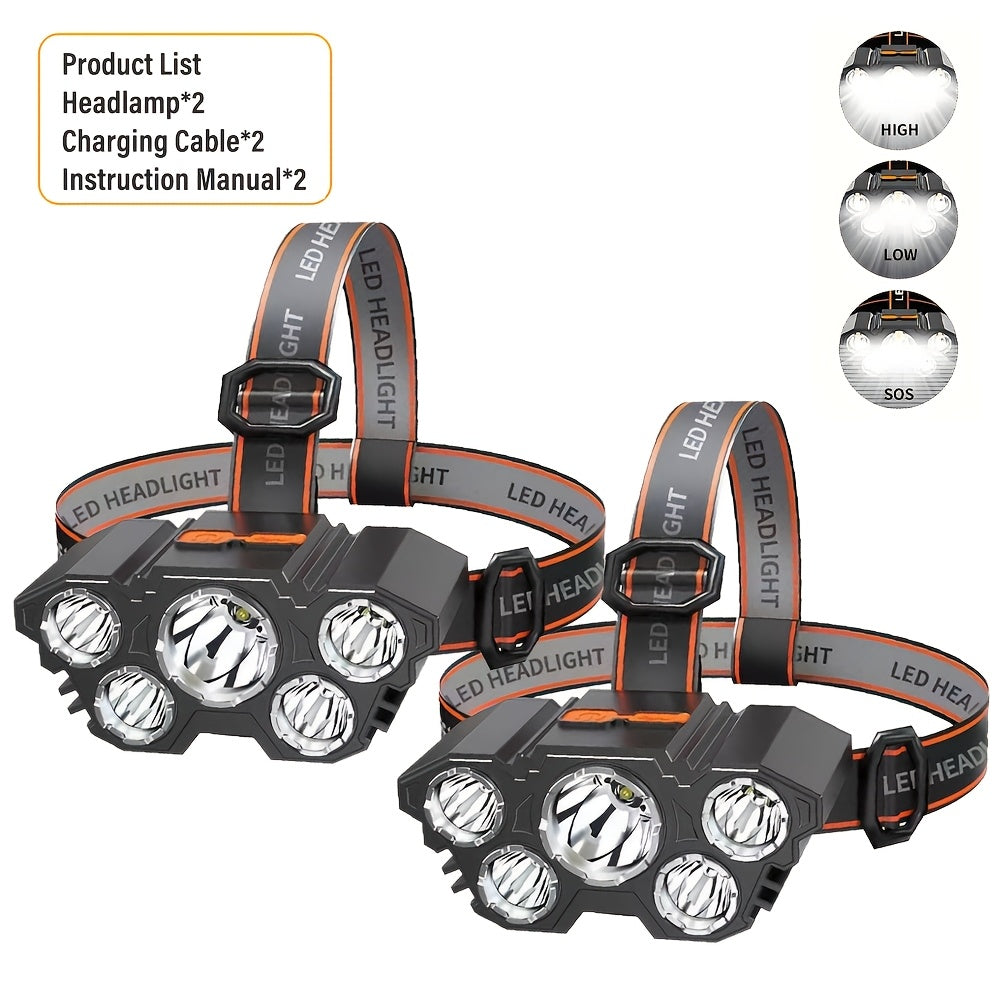 2 Pack Rechargeable Headlamp, 5LED Super Bright Headlamp Flashlight, Lightweight USB Charging Head Light, 3 Lighting Modes for Outdoor Camping Running Hiking Fishing