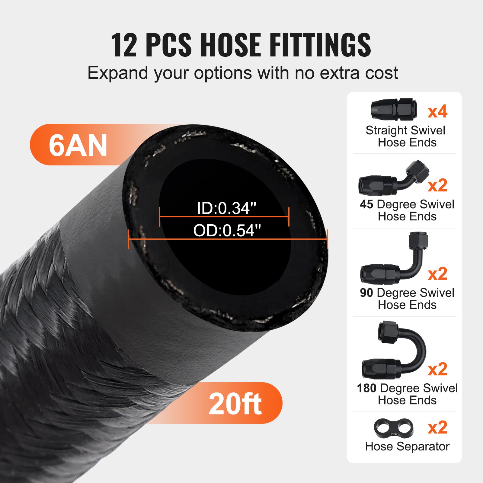 VEVOR 6AN/8AN Fuel Line Kit, 20 FT Fuel Hose Kit, 0.34"/0.43" Nylon Stainless Steel Braided Fuel/Gas/Diesel Hose End Fitting Kit, with 12 PCS Swivel Fitting Adapter Set, Black