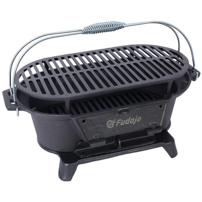 Oval Cast Iron Grill | Portable Charcoal Grill & Tabletop Griddle – 100% Painted Cast Iron, Durable, Small Camping Stove Hot Pot Grill