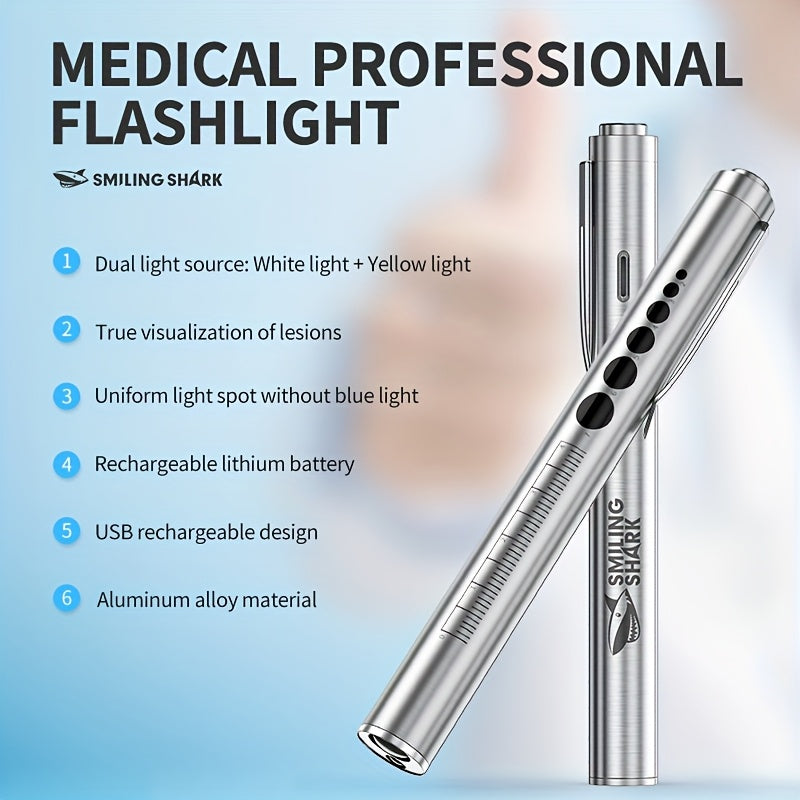 SMILING SHARK YK1960 LED Flashlight Mini Pen Style High Light White & Yellow Dual Light Source Type-C Charging Aluminum Alloy Body Pocket Clip Portable for Dental Ophthalmic Examination