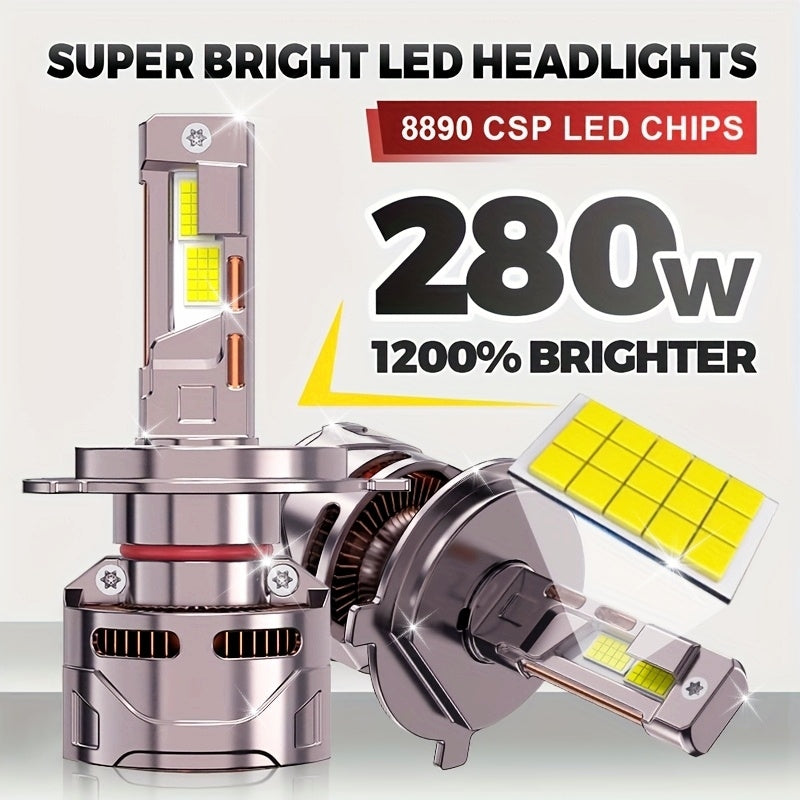 2-Pack External Driver Canbus Plug-and-Play Super Bright LED Car Headlight Bulbs, Compatible with H4/9003/HB2-B010 9005 9006 9012 H8 H9 H11 H16 Models, 280W 1200% Brightness 8890 CSP 12V/24V