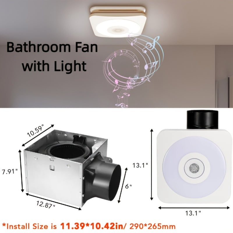 Modern Smart Bathroom Fan with Wireless Speaker & Remote Control - Ultra Quiet Dual Speed 110/160 CFM, 1500LM 3-Color Dimmable LED Light (2700K/4000K/6500K), Music Sync RGB Ambient Light