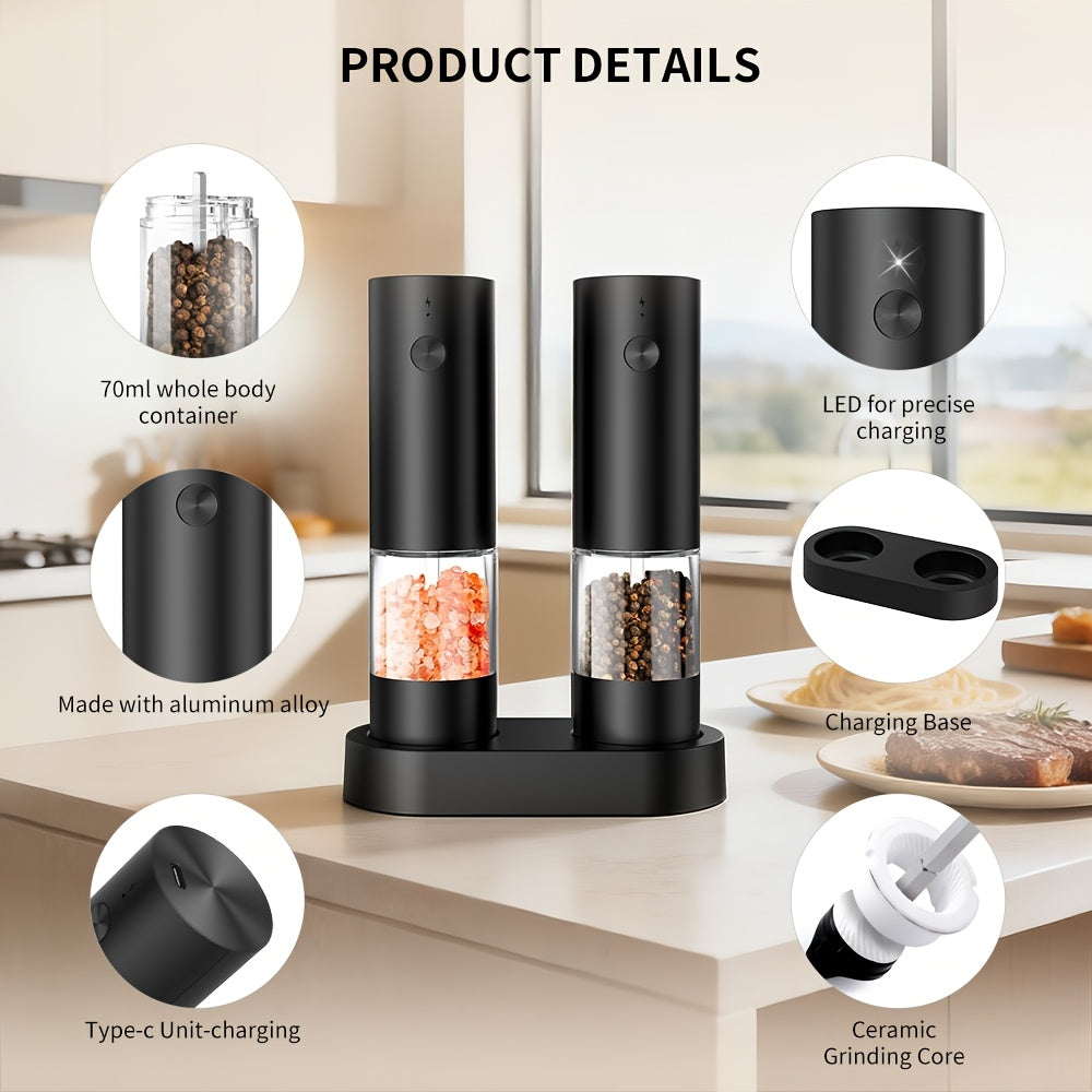 Electric Salt and Pepper Grinder, Automatic Battery-Operated Pepper Mill, Adjustable Coarseness, Easy Refill, Upgraded Large Capacity with LED Light, One-handed Operation, Perfect for Kitchen, Dining Table and Gifting