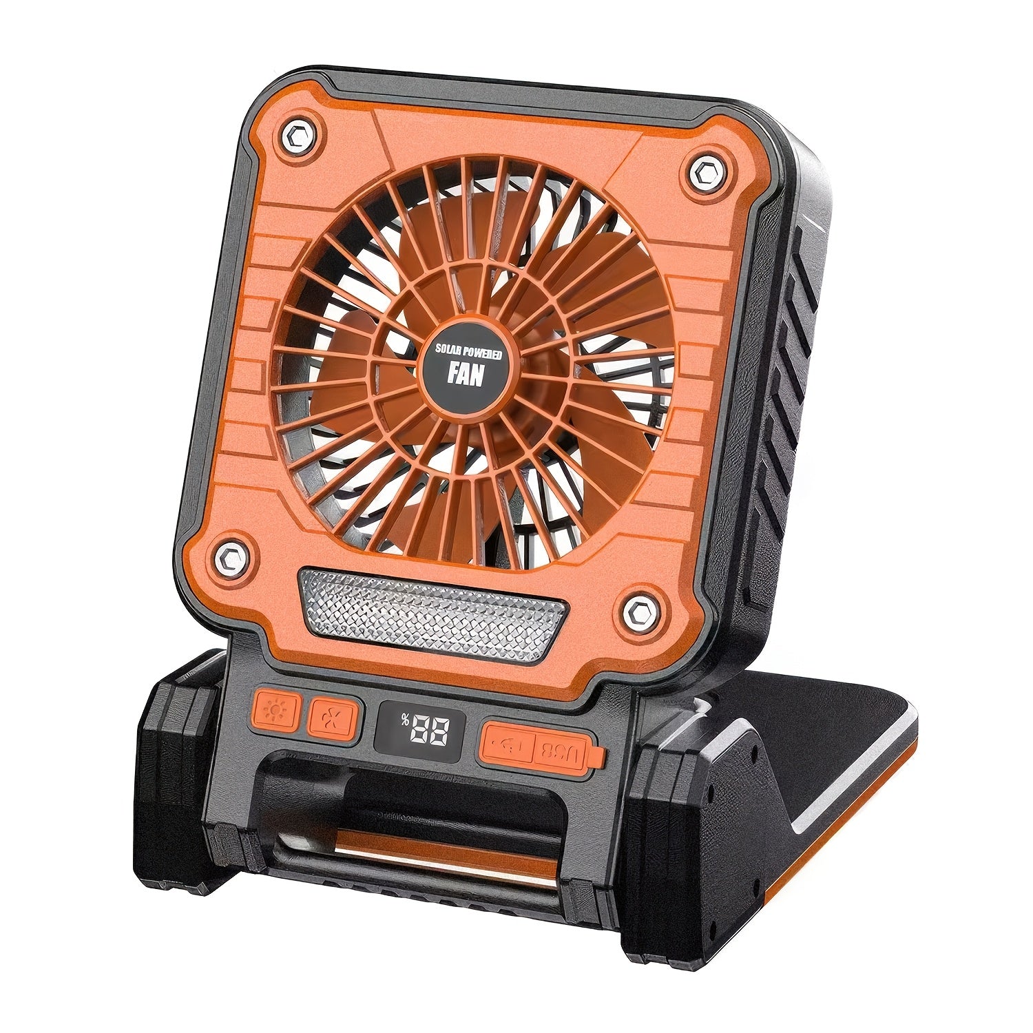 1PC Portable Foldable Solar Camping Fan with LED Light, 3 Speed Levels Adjustable, 5 Lighting Modes, Power Indicator & Power Output Function, 180° Angle Adjustment, Built-in Hook, Perfect for Camping