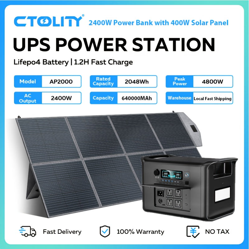 Ctolity 110W 太陽能板 (單體販售), 2400W/ 1800W/ 500W (峰值 4800W/ 3600W/1000W) 可攜式電源站, 2048Wh/ 1024Wh/ 345Wh LifePO4 電池, 400W/ 200W/ 100W 太陽能板可用於直接充電手機、筆記型電腦, UPS 功能