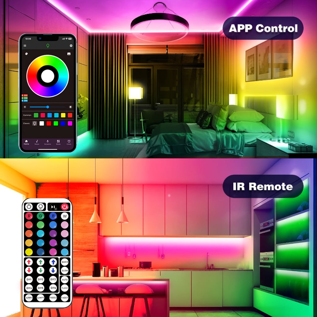 NBBUFF 加长版 LED 灯带，智能房间装饰 RGB 灯条，通过 App 和遥控器控制，带定时、音乐同步、多种场景和 1600 万色，适用于卧室、客厅天花板、万圣节、派对、节日礼物