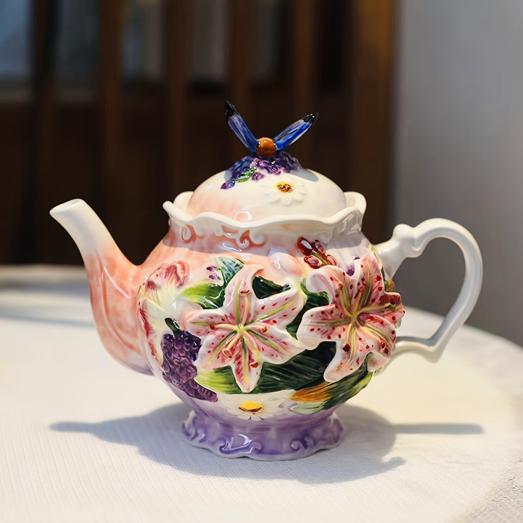 Christmas Gift, Jane Eyre Series Lily & Butterfly Teapot, Exquisite Relief Craftsmanship, Vibrant Colors, 13.53oz