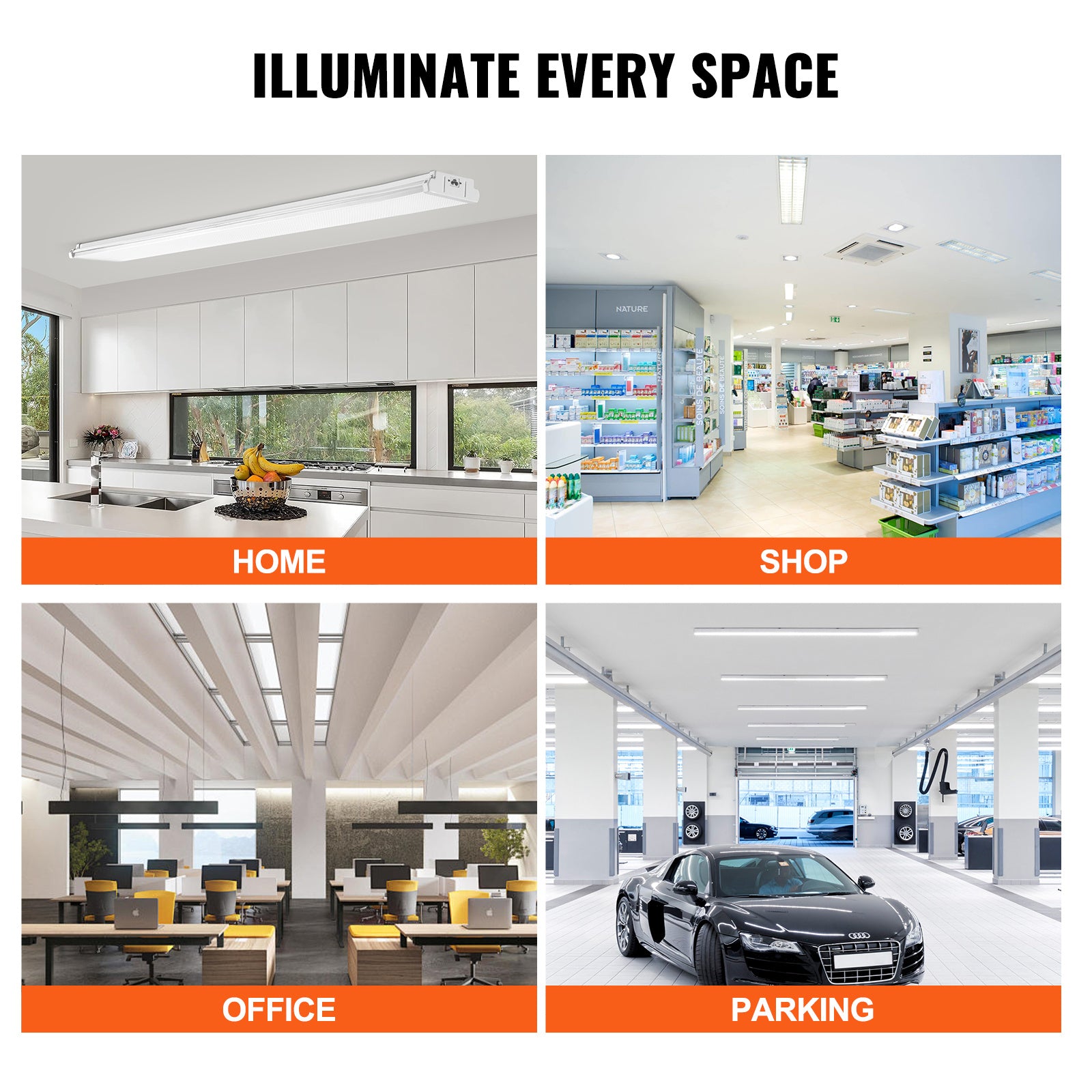 VEVOR 4/8 ft LED wrap light, 50W, 5500LM recessed LED shop light, 4-pack 6500K daylight LED kitchen ceiling light fixture, suitable for garage, office, laundry room fluorescent light replacement, FCC certified