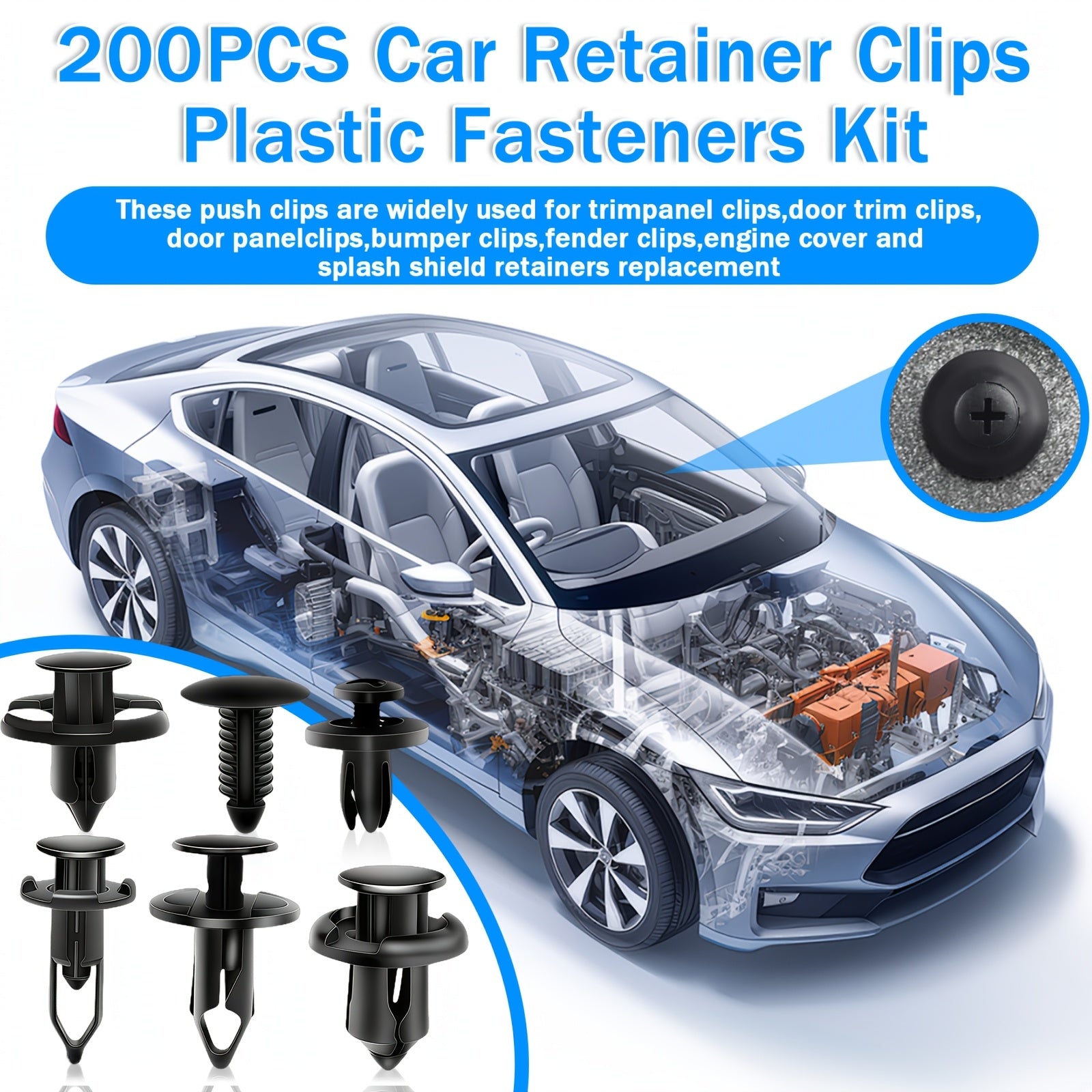 200-Piece Multi-Purpose Universal Car Retainer Clips, Assorted Sizes 6mm-10mm, Sturdy & Durable, Portable & Practical, Multi-Use Auto Fasteners for Car Bumper, Fender & Trim Repair
