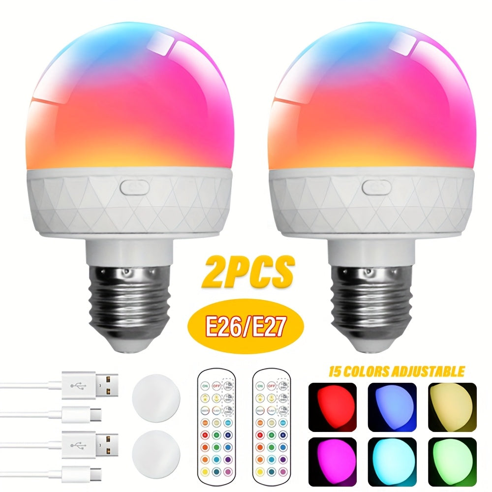 2PCS rechargeable smart RGB light, E26/E27 base bulb, 15 colors, with remote control for adjustable color temperature and brightness LED light, USB rechargeable bulb, suitable for living room, bedroom, chandelier, floor lamp
