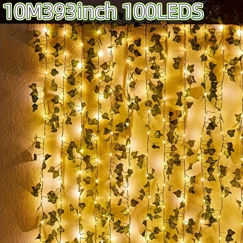 1pc新款锂电太阳能仙女灯，50/100 LED 人造常春藤仙女串灯，具有 8 种照明模式，非常适合户外花园、墙壁、阳台、栅栏、树、婚礼、派对、餐厅装饰