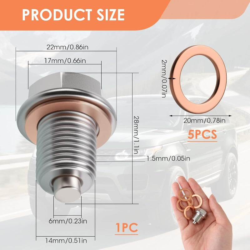 1 Set Magnetic Oil Drain Plug, M16 x 1.5 Stainless Steel Oil Pan Drain Nut Bolt with 5 Copper Crush Washers, Universal Oil Plug Replacement for Most Cars, Motorcycles & Boats
