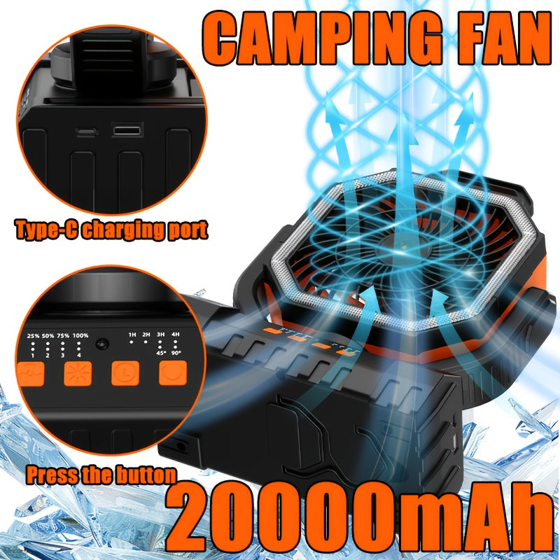 Outdoor Fan, Portable Rechargeable Fan 20000mAh Battery Powered Camping Fan - Cooling, Battery Powered Desktop Fan with 4 Speeds, Bright Light & Hook, Portable for Tent Outdoor Hurricane Power Outage