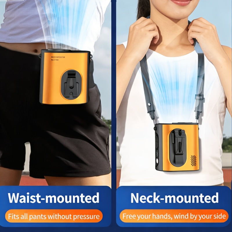 Construction Site Cooling Fan, USB Rechargeable Built-in Battery, Waist & Neck Wearable with Bracket, Brushless Motor Personal Cooling Fan, Powerful Wind & Ice Cooling Feeling