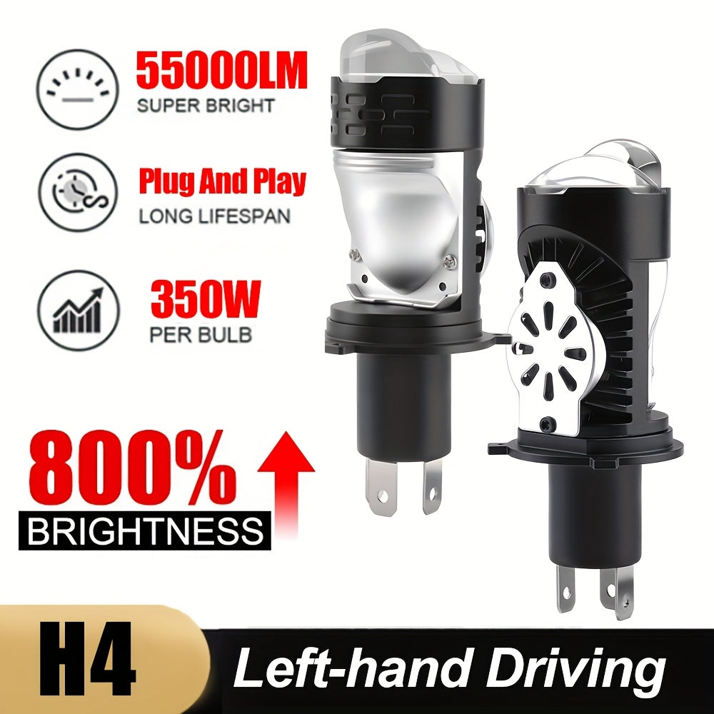1pc/2pcs H4 Bulb 55000 Lumens 350W Extremely Bright 6000K White Light High/Low Beam Function with Clear Cutoff Line H4/9003/HB2 12V 24V Auto Motorcycle Mini Projector Lens, No Battery Included