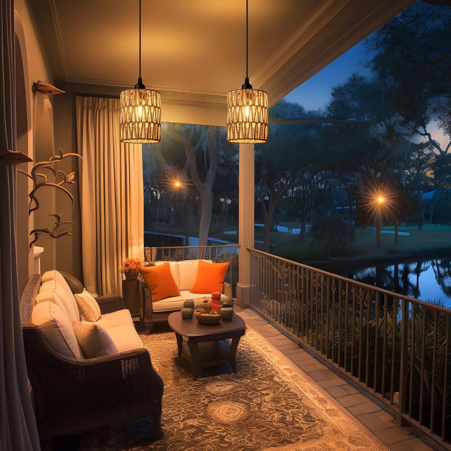 Battery-powered pendant light, battery hanging lantern, rattan light with warm white bulb, powered by 4 AA batteries, suitable for gazebo, pergola, porch, patio, outdoor and indoor decoration