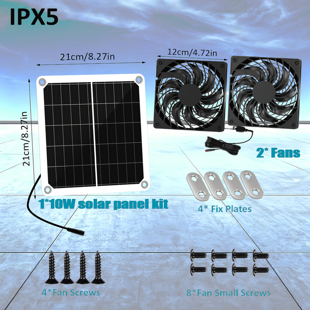 10W Solar Fan, Reversible Intake and Exhaust Ventilation Cooling Fan with Mounting Accessories, IPX5 Waterproof, Suitable for Outdoor Shed, Chicken Coop and Greenhouse