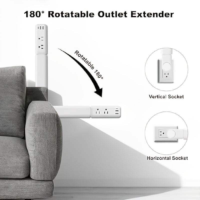 5in 1 Telescopic Outlet Extender with 2 AC Outlets, USB-A And USB-C Ports | 180° Rotating Wall Plug, Ideal for Hard-to-Reach Areas Behind Nightstands, Sofas And More