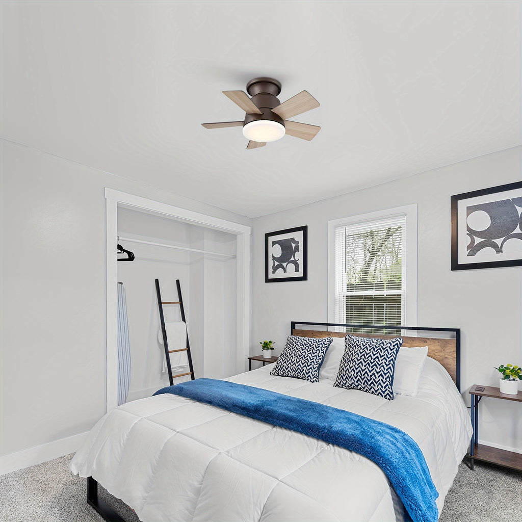 24 Inch Integrated LED Flush Mount Ceiling Fan, Indoor Natural Brass Gold/Brushed Nickel/Bronze Ceiling Fan with Light and Remote Control