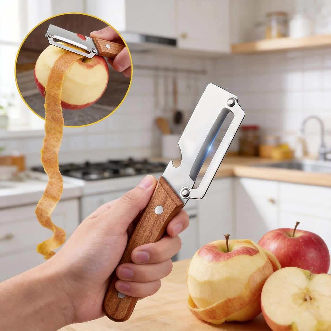 2-Piece Kitchen Vegetable Peeler & Bottle Opener with Wooden Handle – Non-Slip Ergonomic Handles, Stainless Steel Blades, Kitchen Tool for Peeling Vegetables or Fruits/