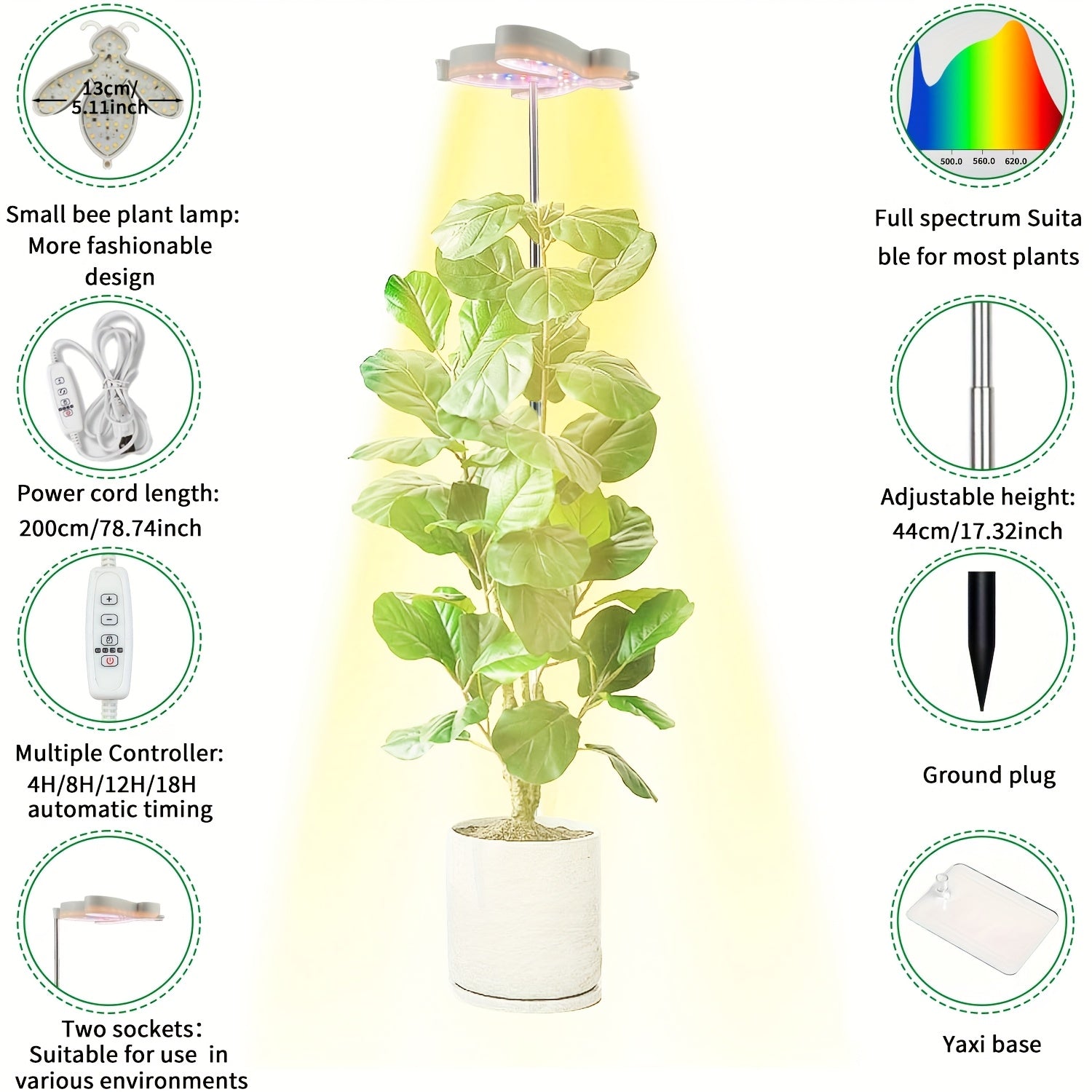 Cute Bee Shaped Plant Grow Light, 5 Brightness Levels & 4 Timer Options, Height Adjustable, Available with Ground Stake or Acrylic Stand