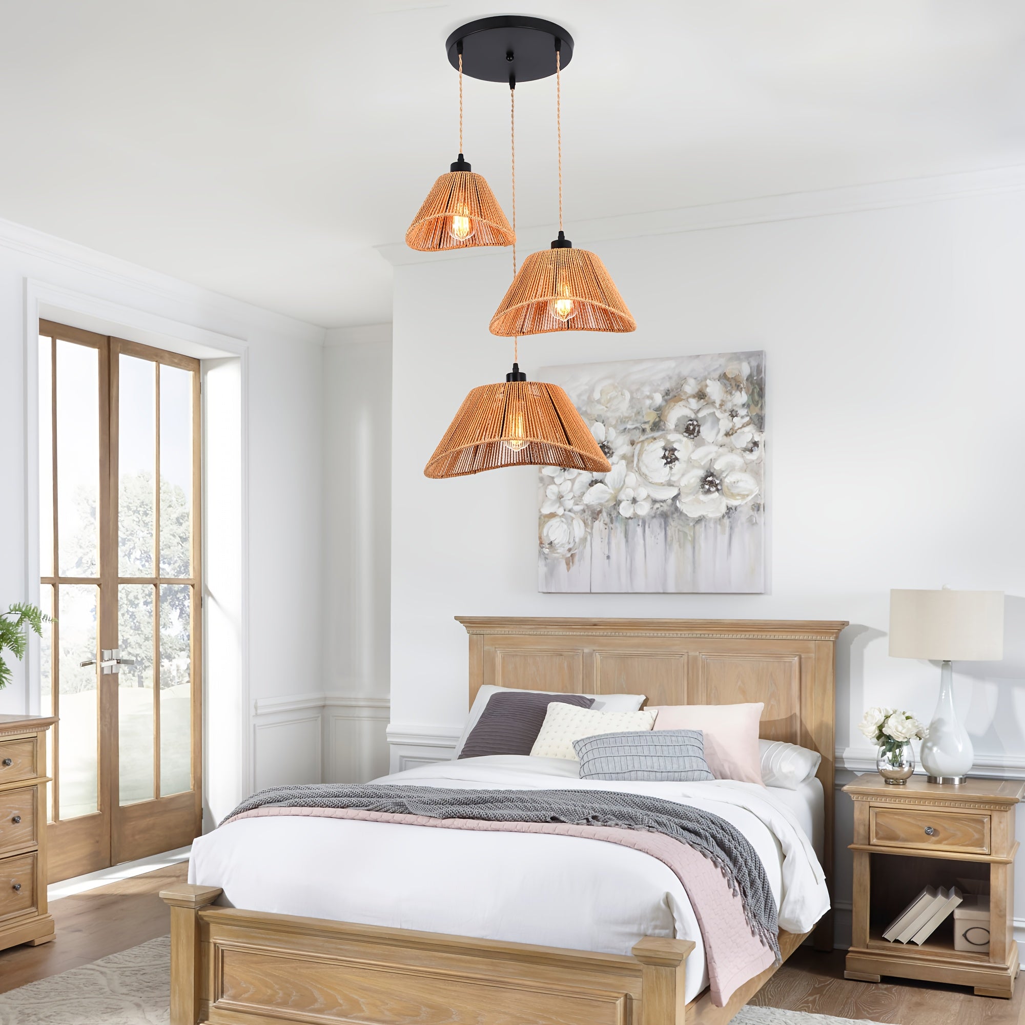 Ganeed rattan pendant light, 3-light boho style hanging lamp, ceiling mount, bohemian woven rattan chandelier, adjustable rattan pendant light, suitable for kitchen island, hallway