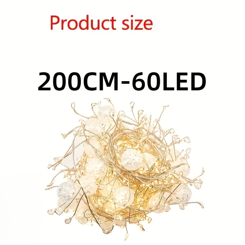 1PC 60/100颗LED冰晶灯串 - 200厘米-78.74英寸/300厘米-118.11 英寸暖白色智能调光/自动开关定时器，无需插电，适用于婚礼、派个、圣诞树、家居装饰（不含AA电池）, 圣诞装饰品, 圣诞家居装饰品, 圣诞节餐桌装饰, 圣诞花环, 美学房间装饰, 圣诞节家居装饰品, 婚礼装饰品