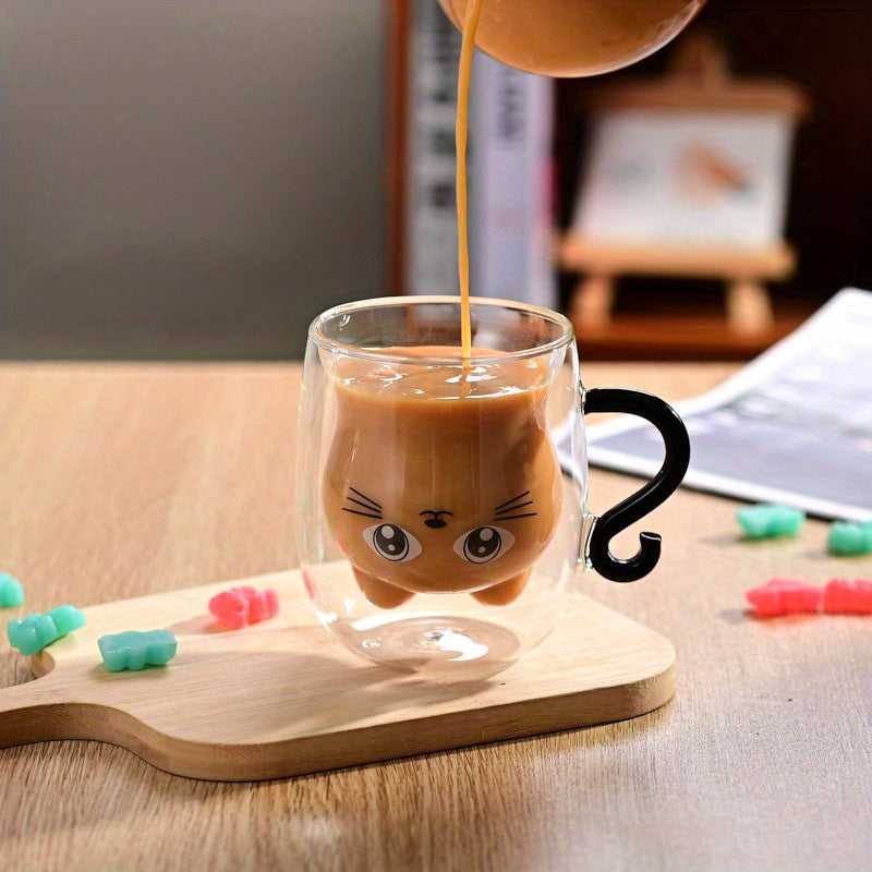 One Cute Cat-Themed Glass Mug, Hollow Double-Wall Insulated Cup for Coffee & Milk, Suitable for Espresso and Beverages, Ideal for All Seasons, Perfect Gift Item