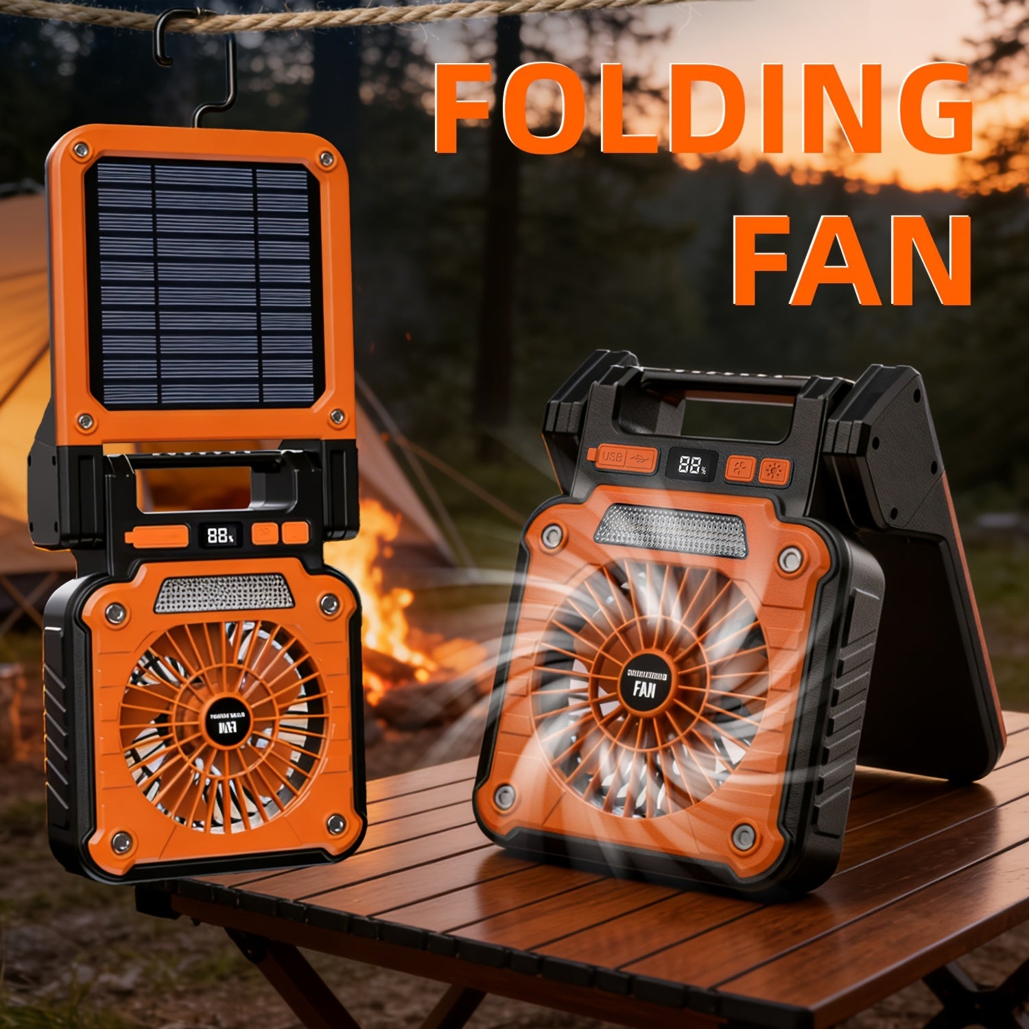 1PC Portable Foldable Solar Camping Fan with LED Light, 3 Speed Levels Adjustable, 5 Lighting Modes, Power Indicator & Power Output Function, 180° Angle Adjustment, Built-in Hook, Perfect for Camping
