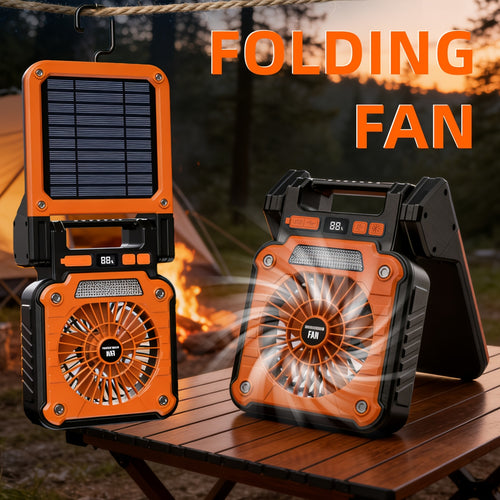1PC Portable Foldable Solar Camping Fan with LED Light, 3 Speed Levels Adjustable, 5 Lighting Modes, Power Indicator & Power Output Function, 180° Angle Adjustment, Built-in Hook, Perfect for Camping
