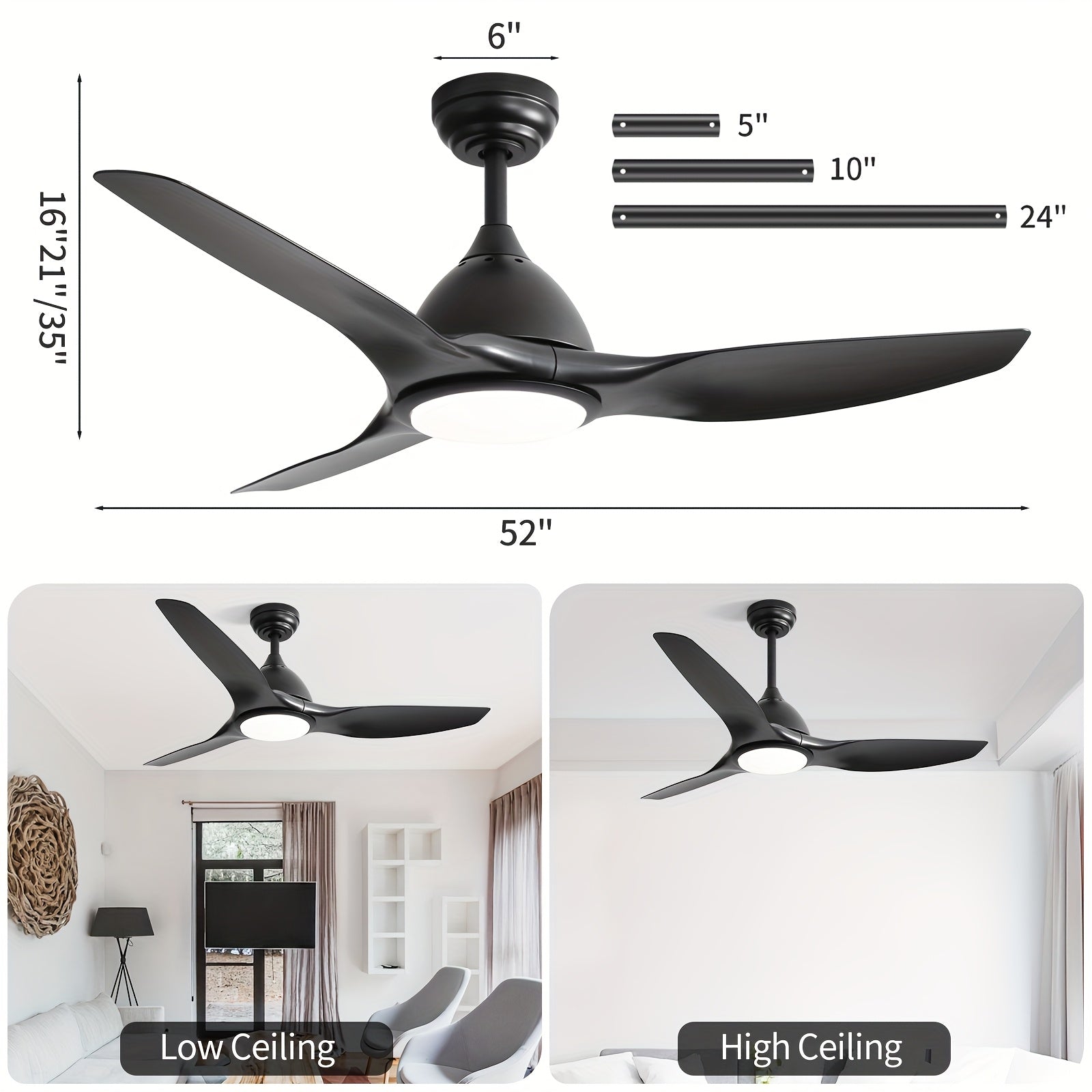 Sofucor 52-Inch Black Ceiling Fan, 3 Blades, 22W Dimmable LED Light, Memory Function, Reversible 6-Speed DC Motor, Ideal for Bedroom, Kitchen, Living Room