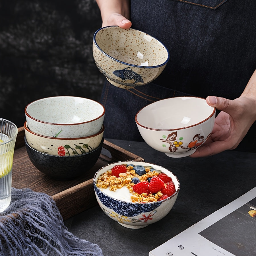 6pcs Vintage Ceramic Cereal Bowls, 4.5-Inch Stackable Chinese Bowls – Small Hand-Painted Dinnerware Set – Perfect for Cereal, Salad, Dessert, Ice Cream, Rice, Noodles – Dishwasher Safe & Microwave Safe