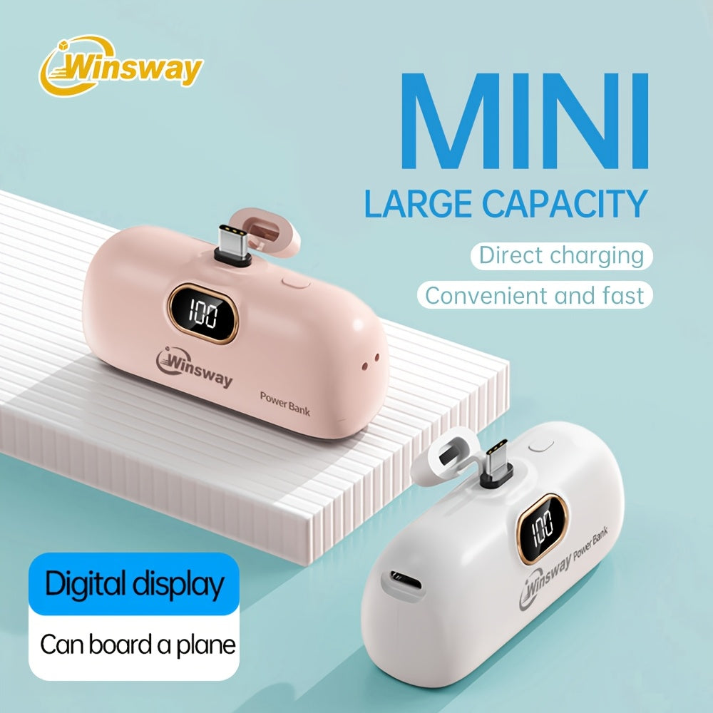 Winsway 5000mAh Type-C Mini Power Bank, LED Digital Display Screen, Lipstick Size Portable, Upgraded Interface Anti Shake And Not Easy To Fall Off, Used For Phone 17/16/15/Android Phones To Give Girlfriends High-end And Exquisite Items