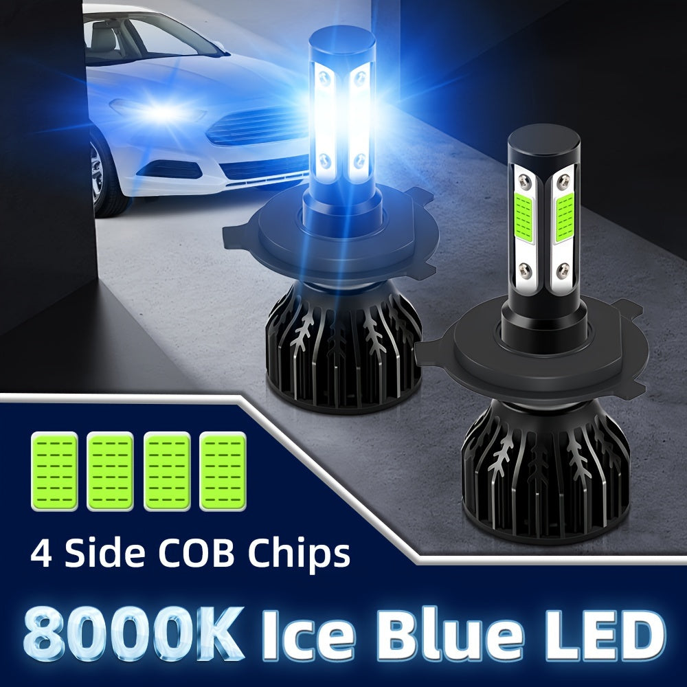2 High/Low Beam Headlights, Luminous Intensity 30000 Lumens, 8000K Ice Blue Light, Equipped with 4 Side COB Chips, Including Models 9005/HB3, 9006/HB4, H4, H7, H11, H13, 9004 and 9007, No Battery Included