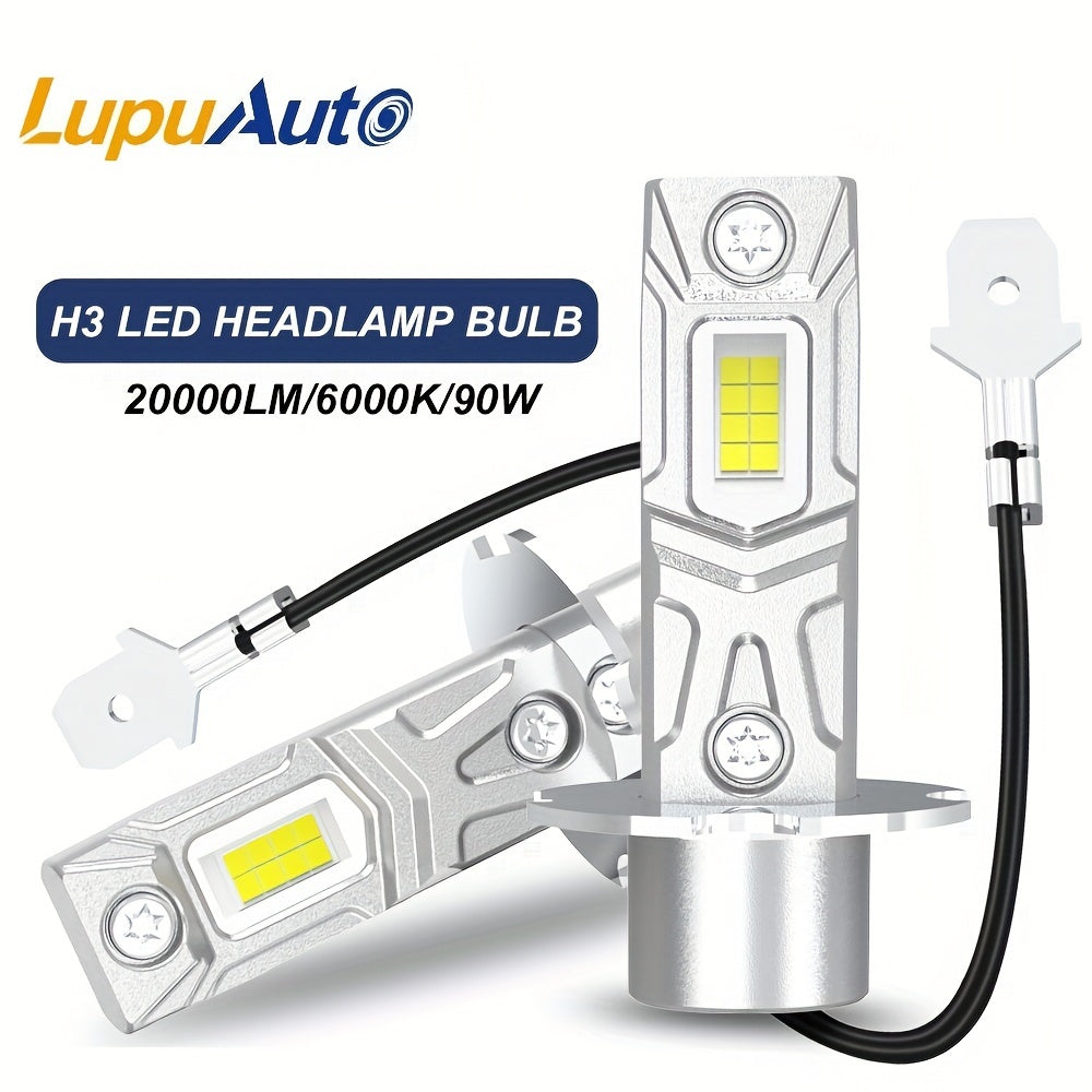 H3 LED Bulbs, Super Bright 1:1 Mini Size 20000LM 90W 12V 6000K White Fanless H3 LED Bulbs, for Fog Light, Daytime Running Light, High/Low Beam, Plug-and-Play, No Adapter Needed, Non-Polarity, 2-Pack