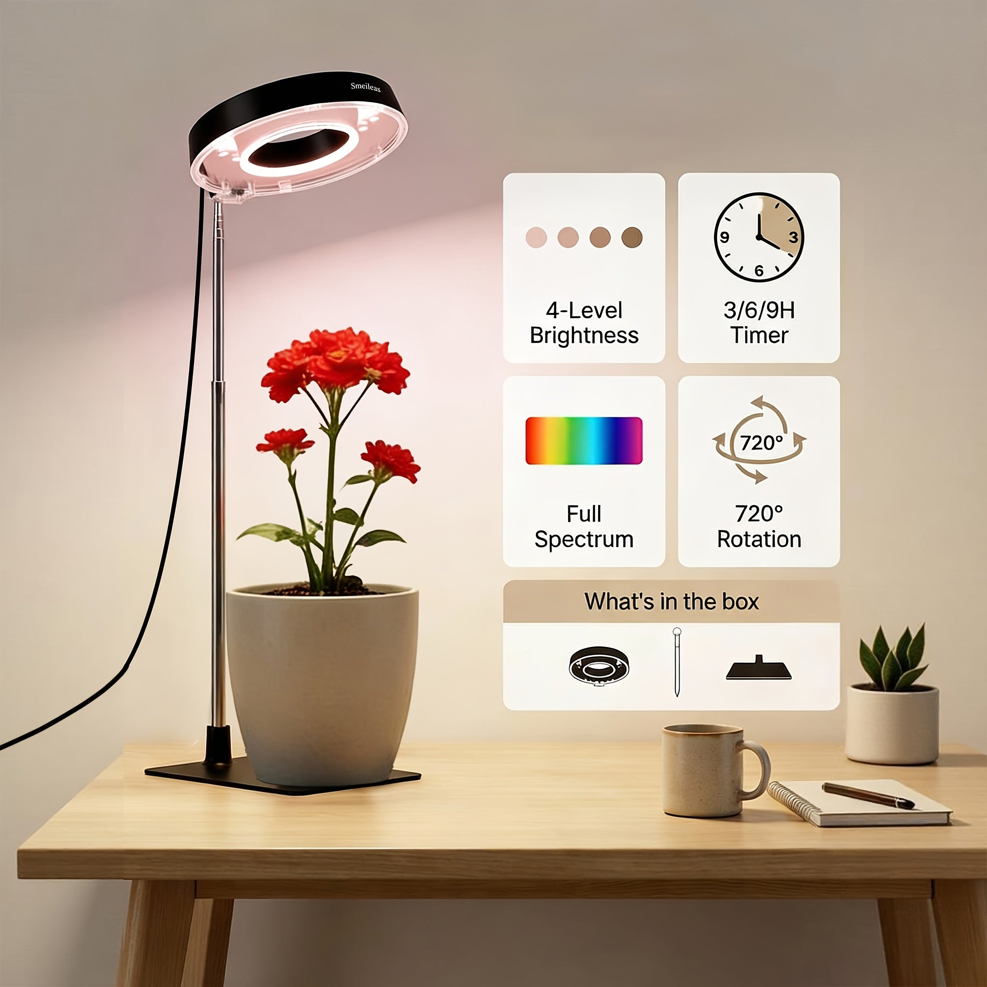 2-Pack Smeileas Seedling Grow Light (with Base), Full Spectrum Supplemental Light, 3/6/9H Auto Timer, 4-Level Dimmable, 360° Magnetic Lamp Head, for Indoor Cilantro, Aloe, Strawberry & Small Plants