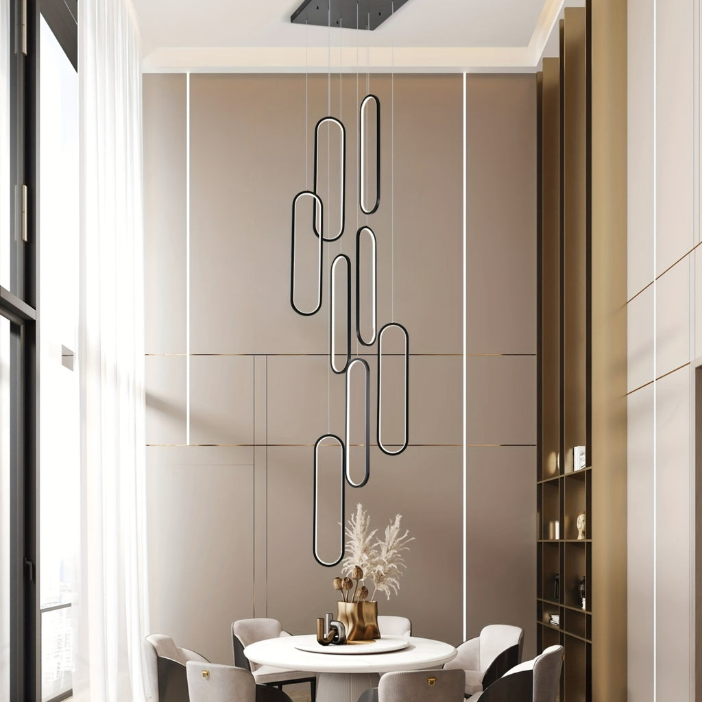 Modern 8-light large chandelier, suitable for high ceilings - dimmable LED hall pendant light with remote control, 3000K-6500K color temperature, semi-flush mount installation and hardwired infrared sensor, black metal staircase chandelier