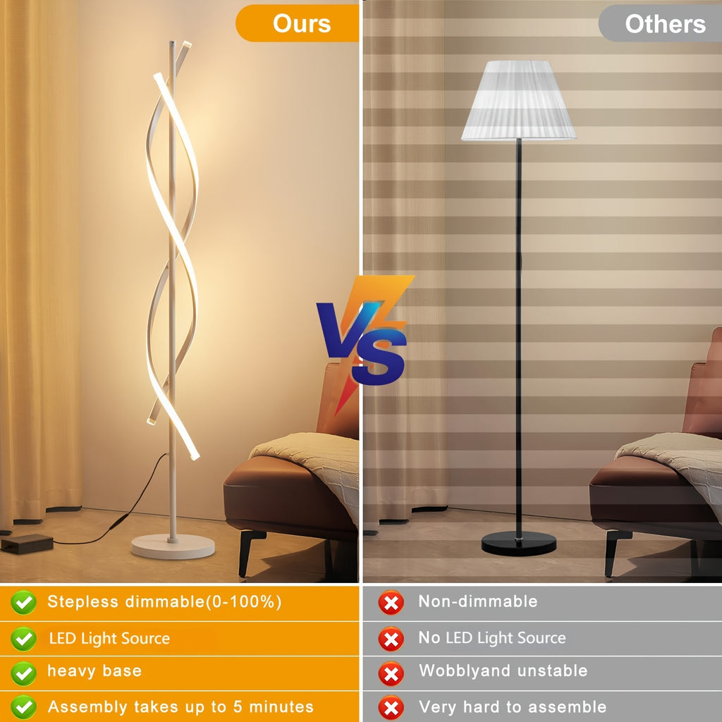 Modern LED floor lamp, 60" 3-color temperature spiral floor lamp, 360° luminous design vertical lamp, timer 48W dimmable reading floor lamp, high black and white corner floor lamp for living room, bedroom, office