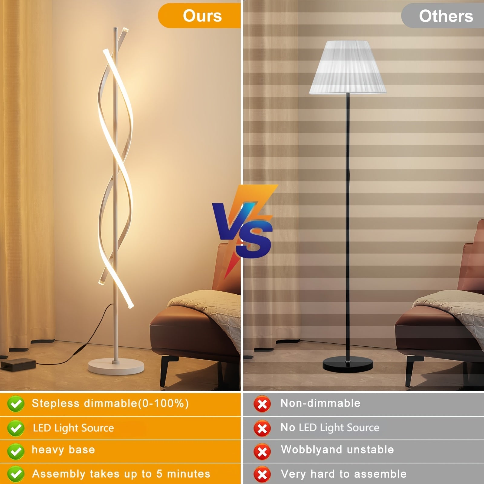 Modern LED floor lamp, 60" 3-color temperature spiral floor lamp, 360° luminous design vertical lamp, timer 48W dimmable reading floor lamp, high black and white corner floor lamp for living room, bedroom, office